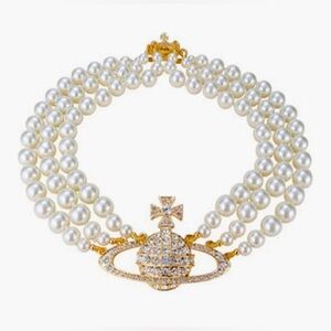 REVAMPED Vivienne westwood Crystal saturn Pearl Gold tone handmade necklace